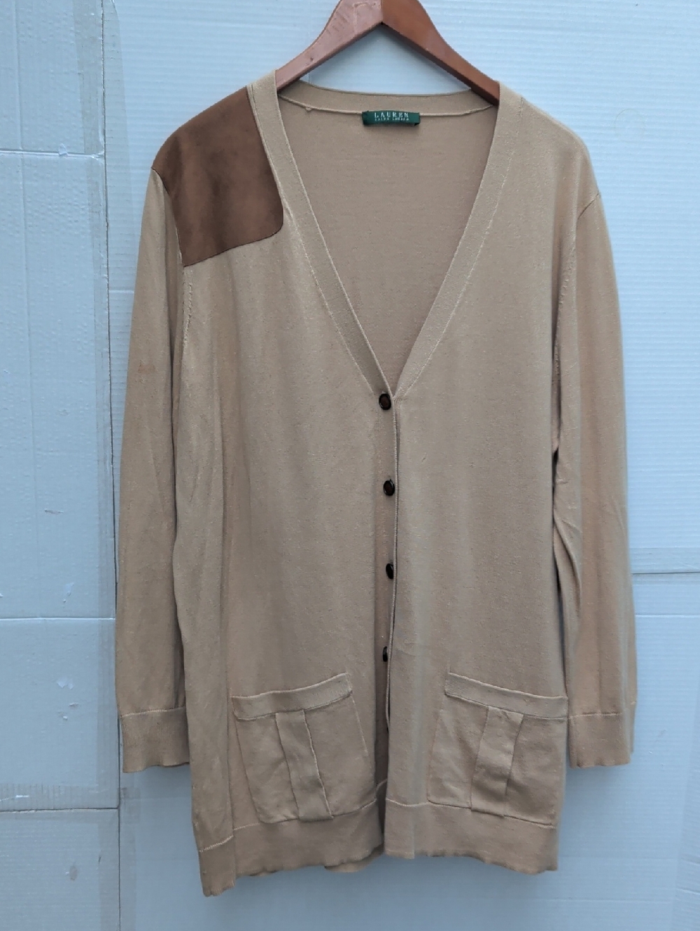 Lauren Ralph Lauren Beige Cardigan w/ Brown Shoulder Patch Women 2x Soft Classic